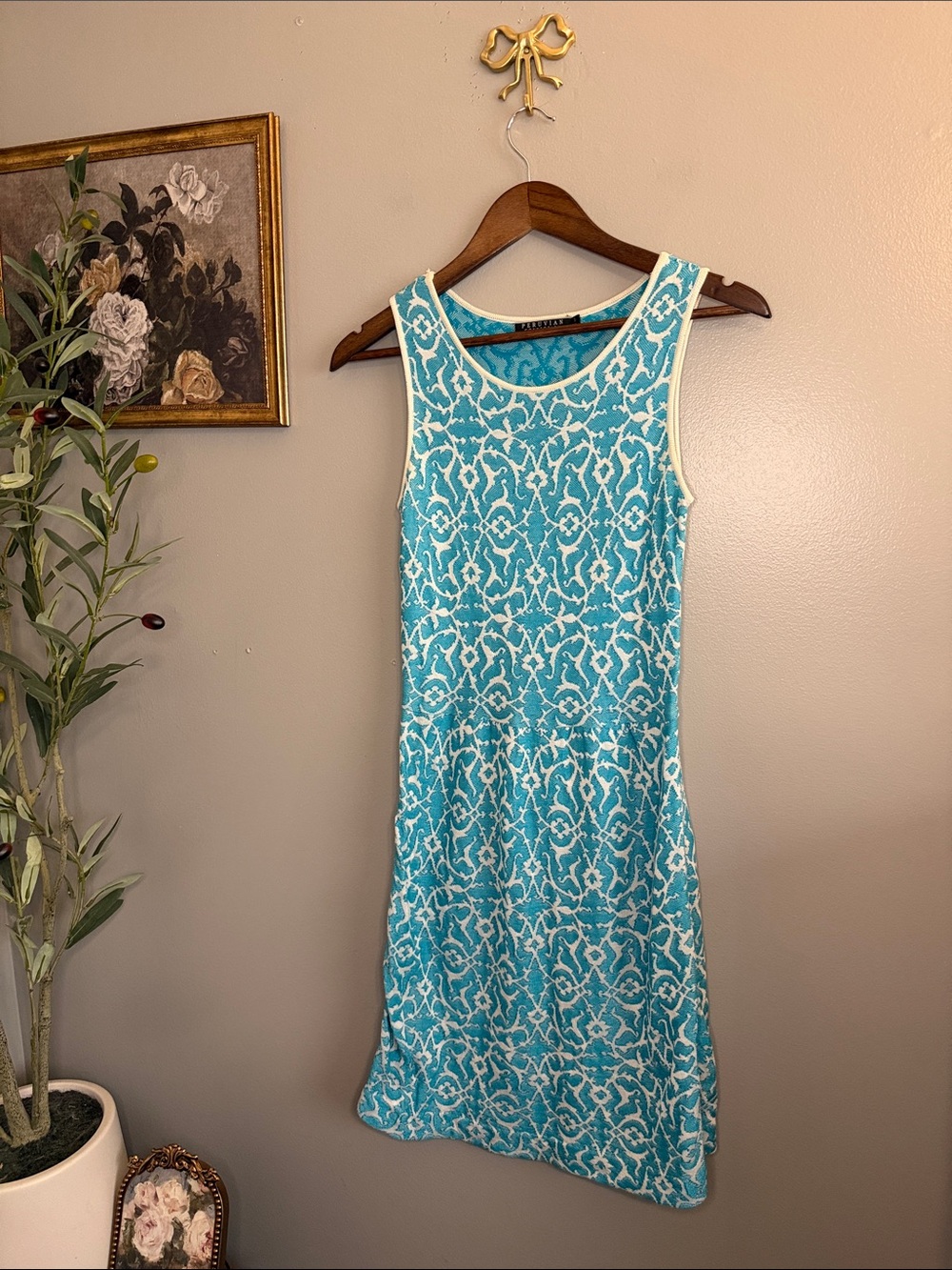 Peruvian Connection Turquoise White Sleeveless Mini Dress - Picture 3 of 7